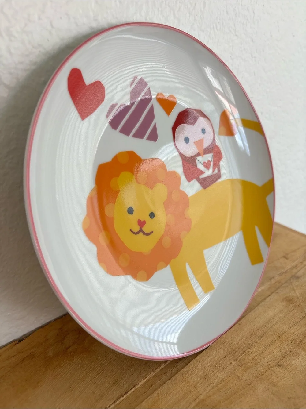 Pottery Barn Kids Valentine Lion Owl Ceramic Plate Kids Salad Dessert Dish Vtg